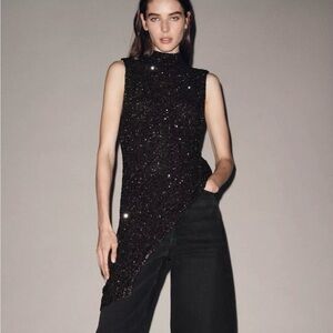 NWT Zara ZW Collection Asymmetrical Sequin Top Small